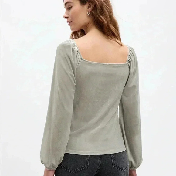 GAP Velvet Square Neck Puff Sleeve Blouse, Teal, Size Small - Picture 3 of 16